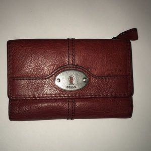 Red solid leather fossil wallet
